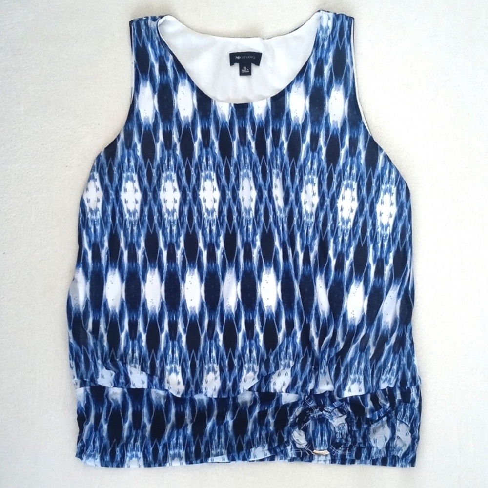 AB Studio Women's Blue White Abstract Effect Sleevele Blouse w Gorgeous Waist XL